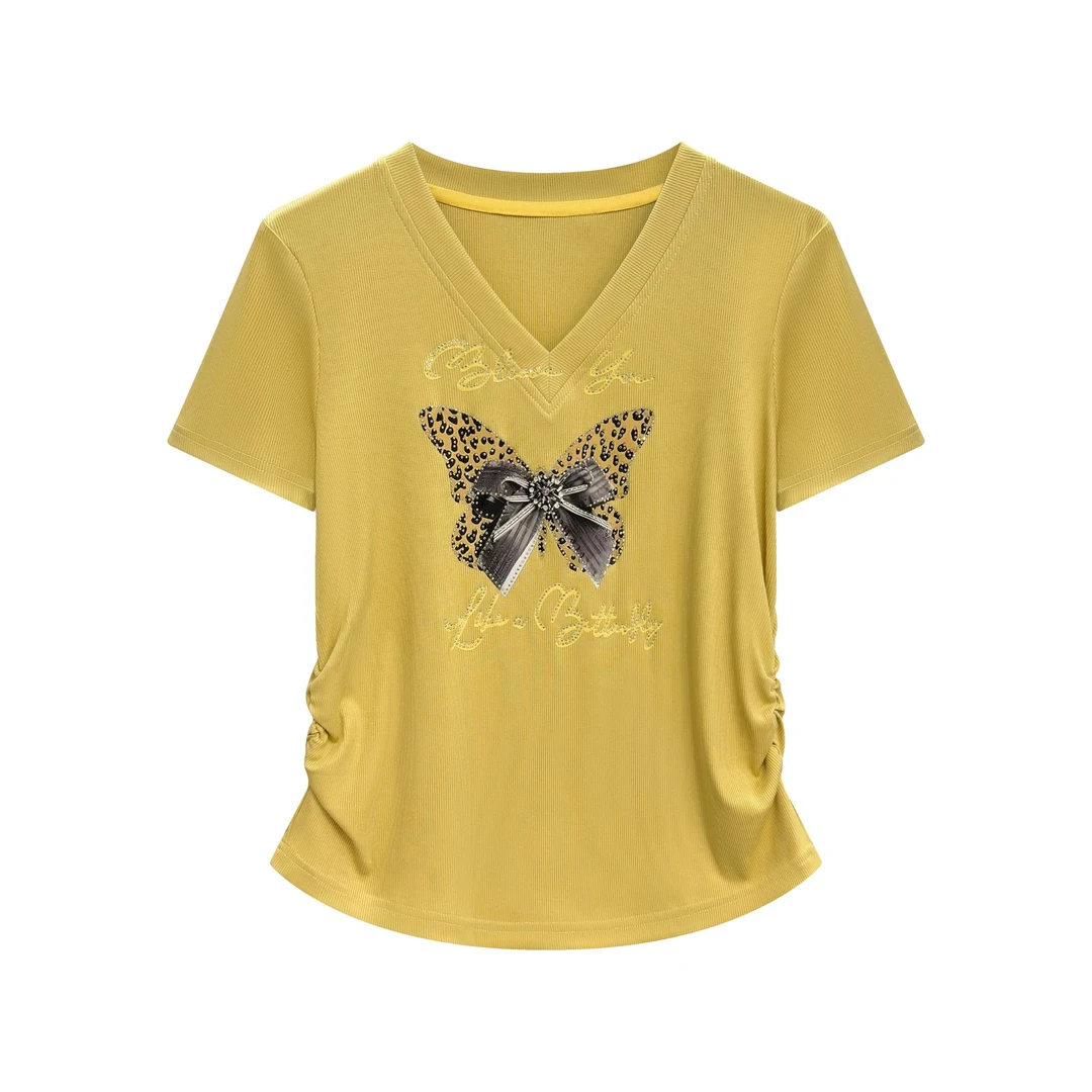 2025夏季新款纯欲蝴蝶烫钻休闲百搭短袖针织上衣#2687