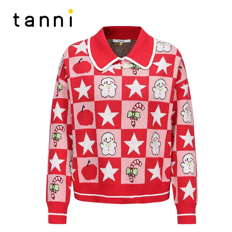 tanni复古印花红色圣诞节日时尚通套头针织衫TL31KN605A
