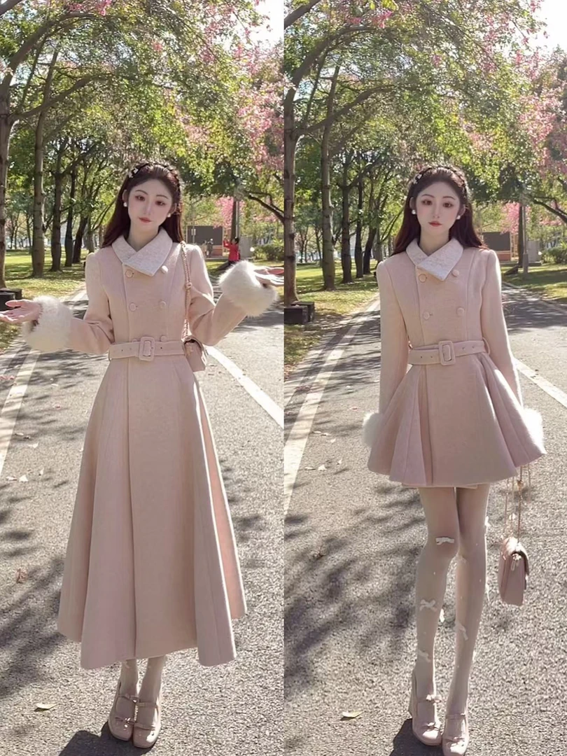 【梓晴】粉色收腰毛呢外套女冬季气质中长款加厚法式小香风呢子大衣