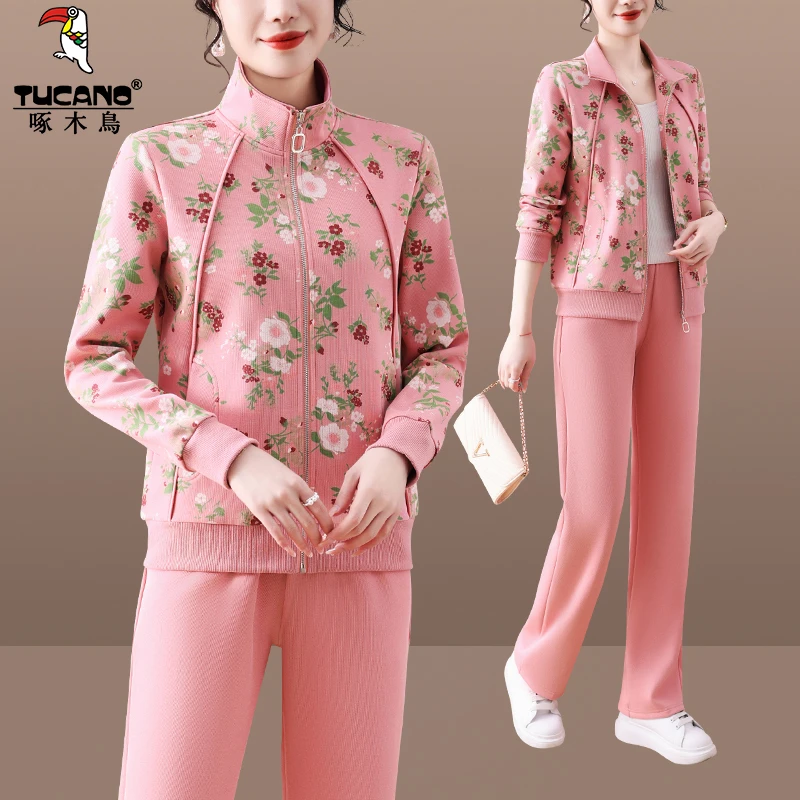 妈妈装时尚运动服套装女2025新款气质减龄印花外套休闲爆款两件套