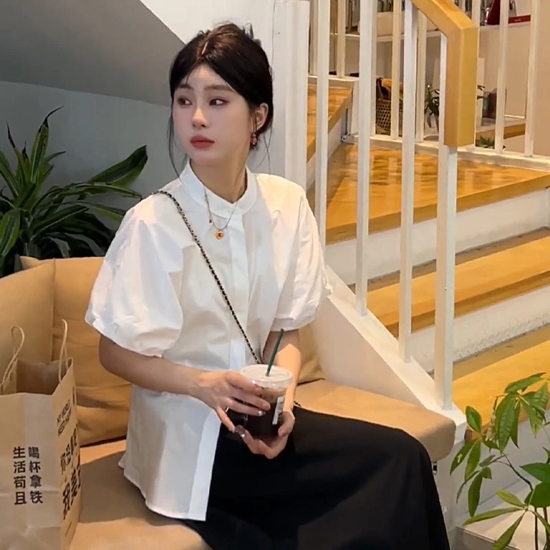 【现货】显瘦设计感衬衫衬衣休闲纯色立领不起球时尚三分袖上衣1849