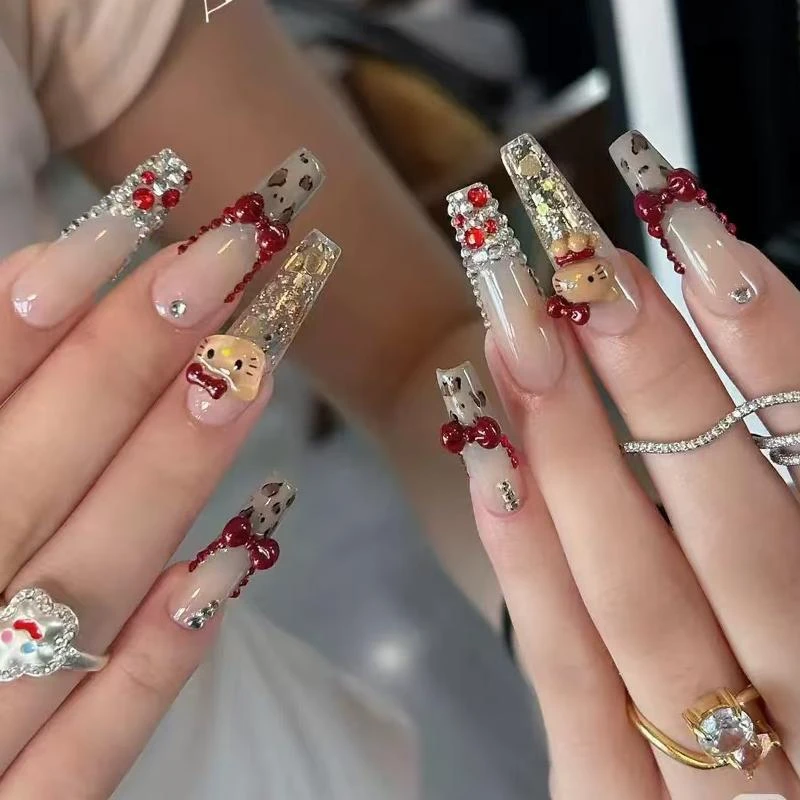 【马上制造局】安可拉红黑皮KT猫美甲饰品树脂蝴蝶结手工穿戴甲