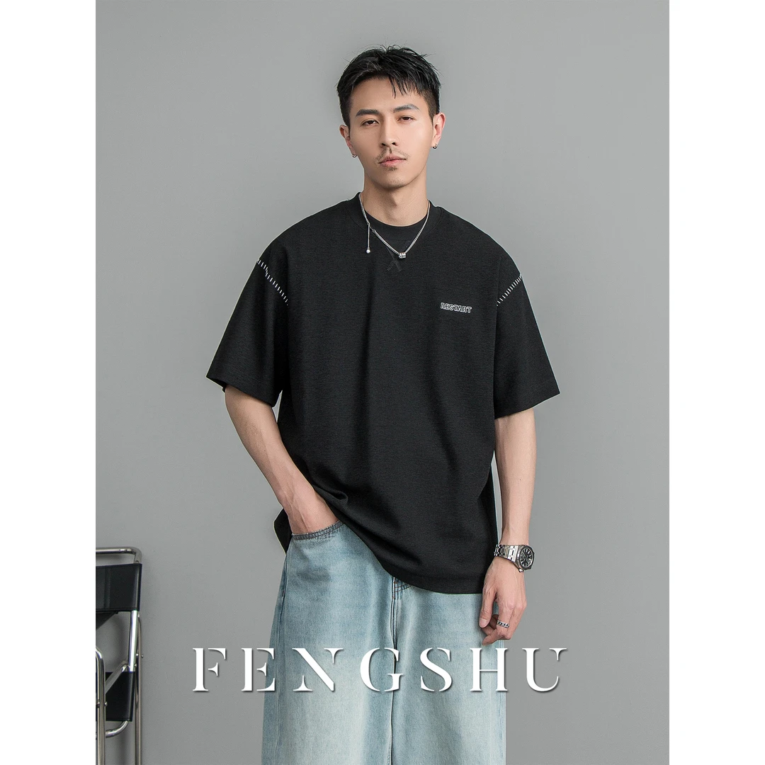 FENGSHU夏季坎肩刺绣短袖T恤男百搭新款休闲宽松简约重磅潮流上衣