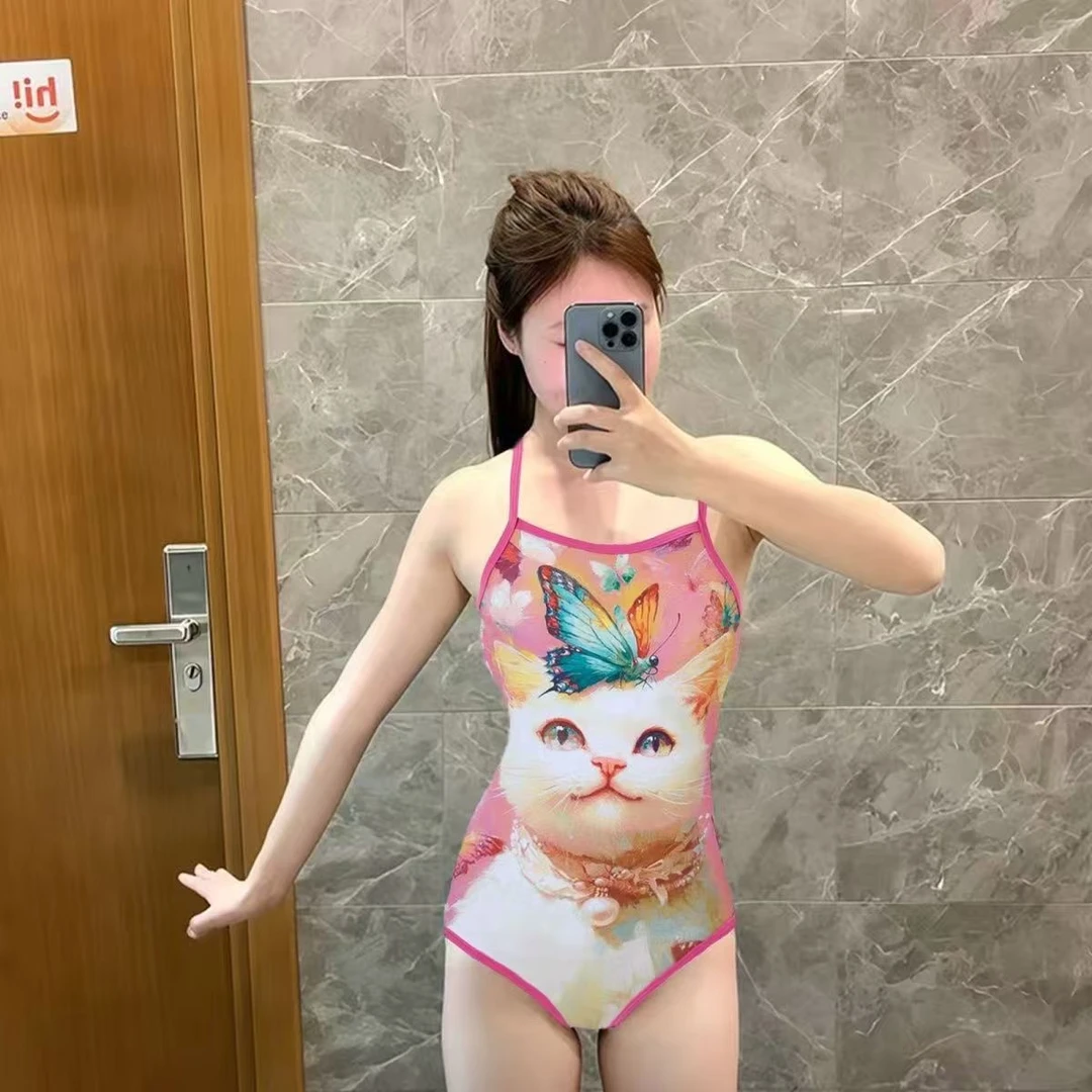 新款三角连体低叉包臀无袖吊带竞速泳衣粉猫咪