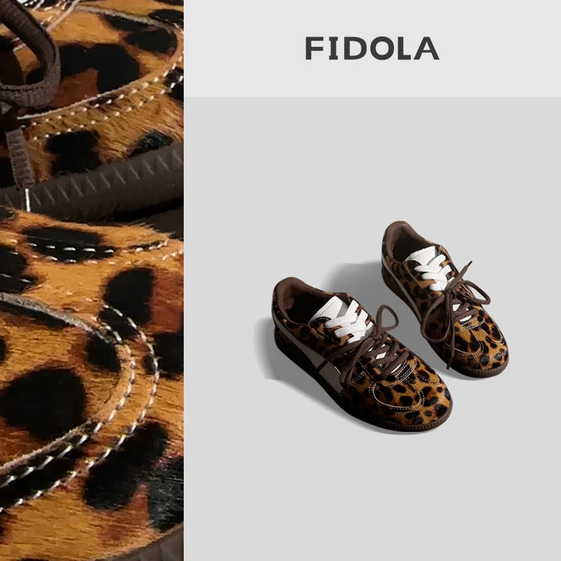 FIDOLA德训鞋女鞋时尚百搭复古休闲鞋豹纹潮鞋系带小众圆头拼色