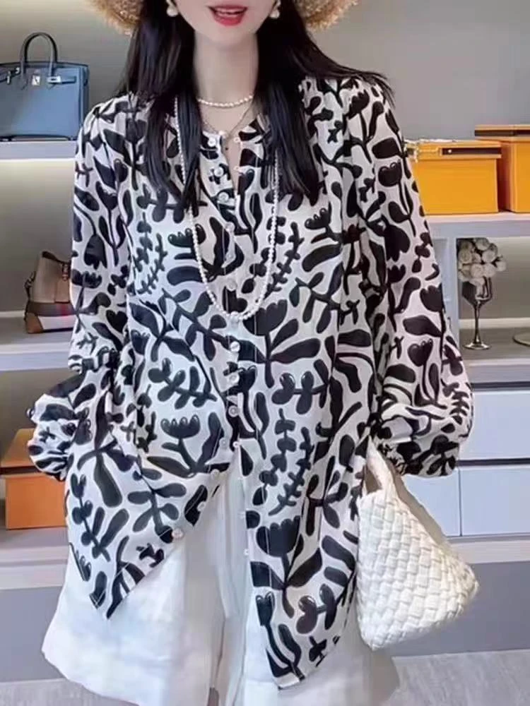休闲风常规轻职风显瘦设计感女装缎面天丝印花衬衣BBYH20250037