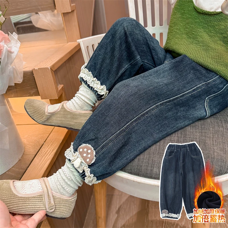女童冬季加绒加厚外穿棉裤2025新款宝宝冬装牛仔裤儿童冬款长裤子