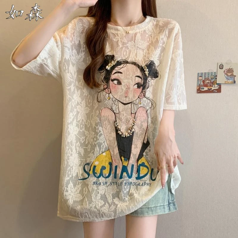 欧货超好看漂亮蕾丝短袖t恤女2025夏大码胖mm宽松遮肚中长款上衣