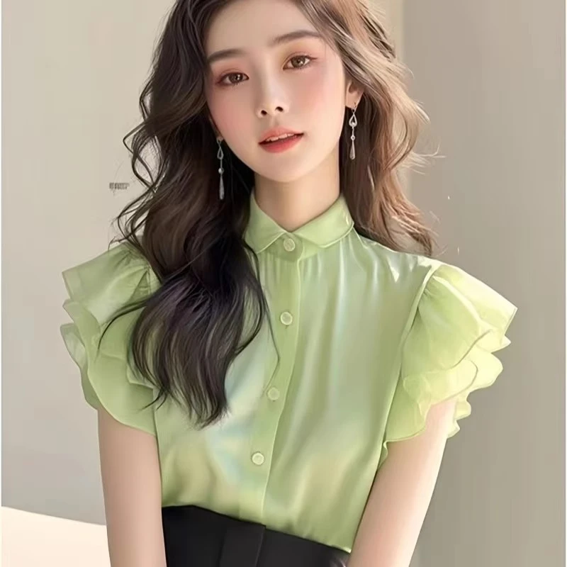 绿色小飞袖上衣女装短袖衬衫夏季法式绝美设计感独特小众别致小衫