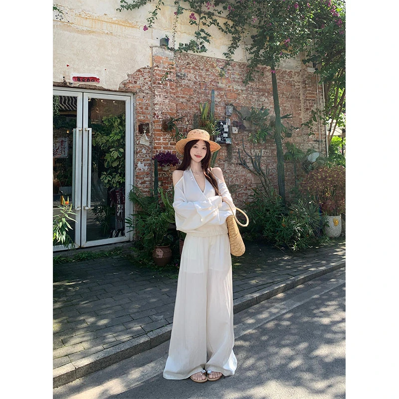 夏季新款修身显瘦时尚露肩无袖上衣休闲简约设计感慵懒风宽松长裤