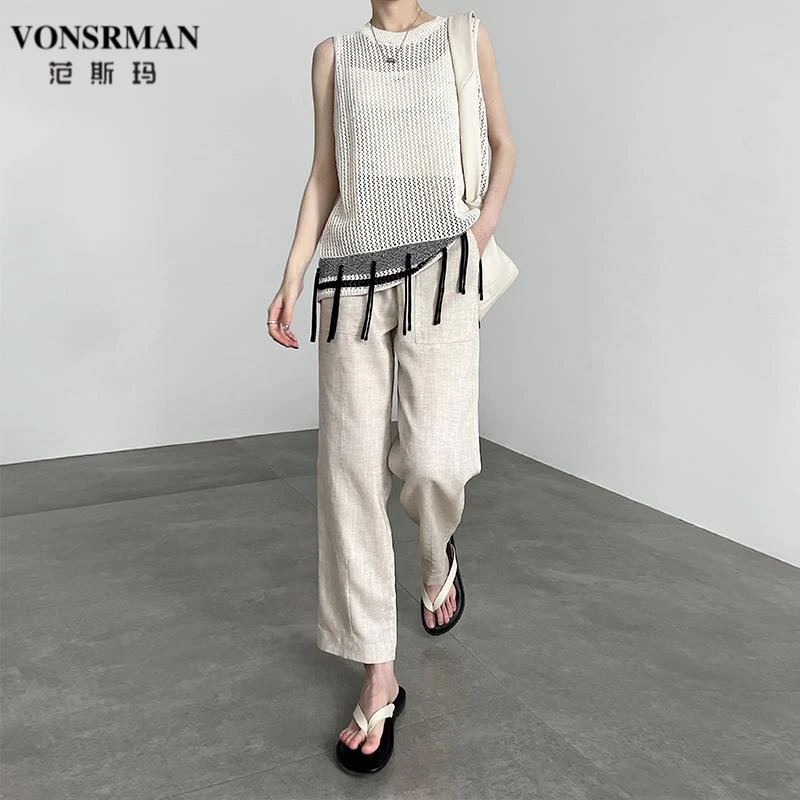九分亚麻裤女夏薄款2025新款高腰垂感老钱休闲宽松直筒阔腿裤