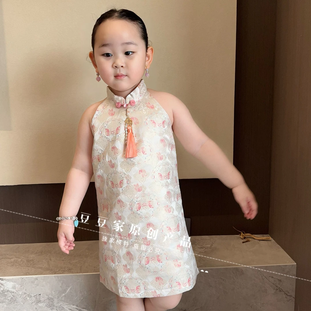 高端织锦缎提花儿童旗袍复古国风旗袍裙个笥露肩连衣裙夏