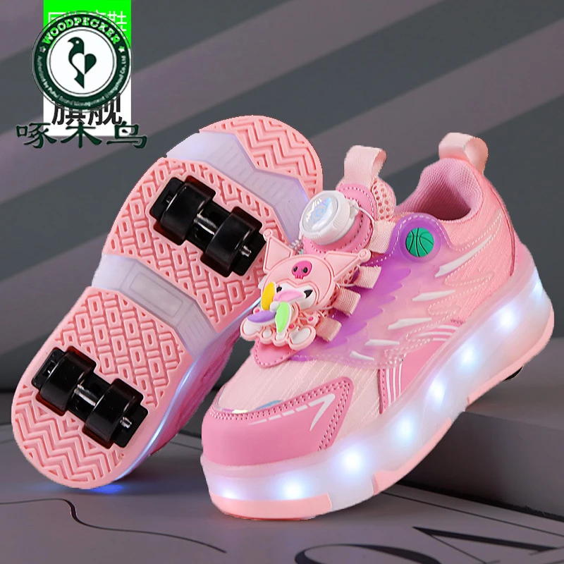 啄木鸟女童暴走鞋春季2025新款儿童闪灯轮滑鞋大童网面纽扣运动鞋
