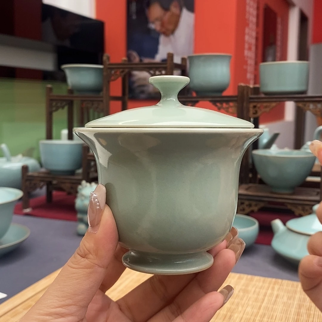 李照卫大师青绿釉两才盖碗