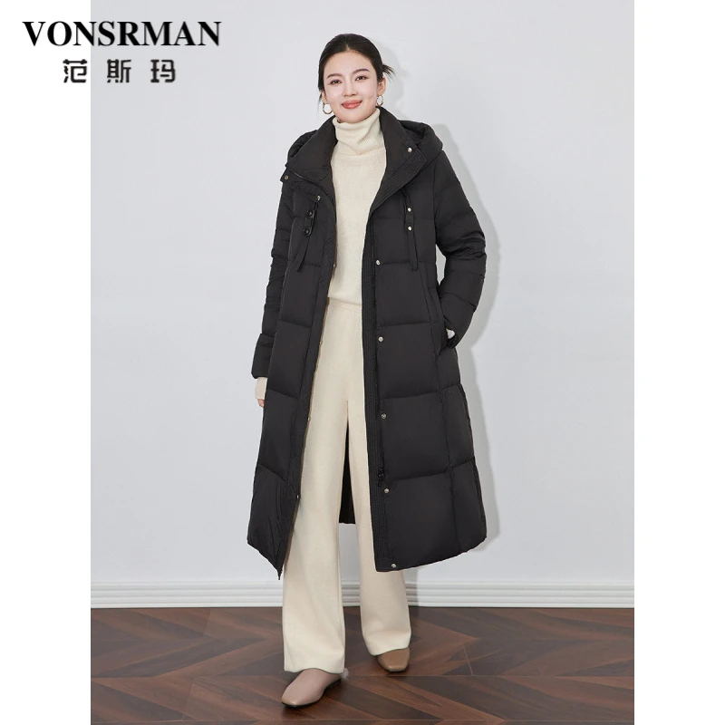 系带收腰连帽羽绒服女2025冬季新款中长款高级感简约几何绗线外套