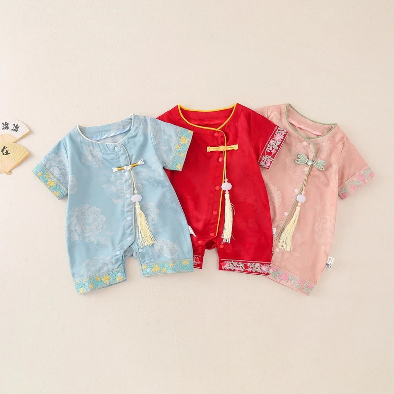 新生婴儿夏季短袖锦缎国风新品男女宝宝外出服短爬连体衣薄款幼儿