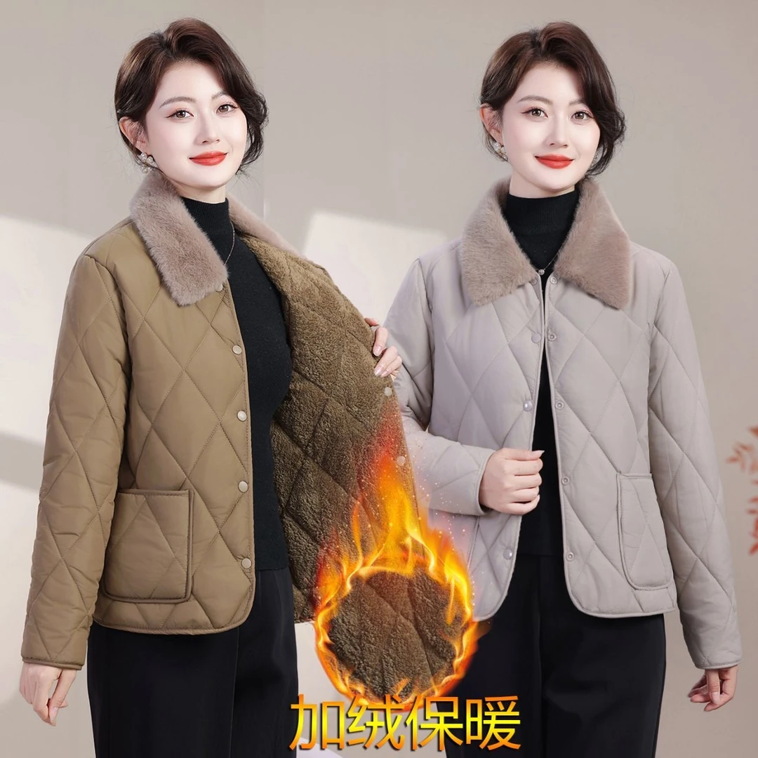 女装宽松中老年女式棉服毛领棉衣轻薄妈妈装气质短款秋冬季小香风