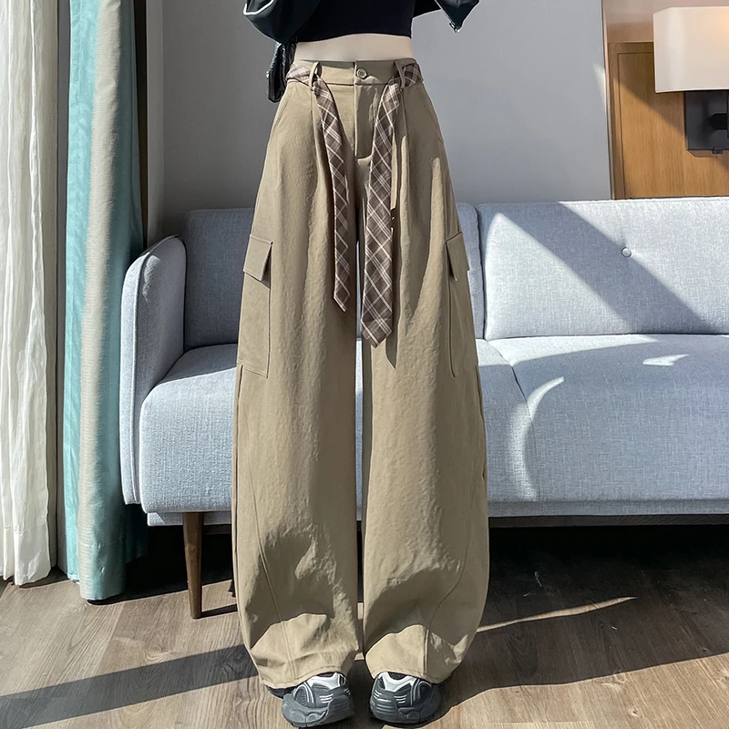 格子腰带弯刀工装裤阔腿休闲裤女2025秋季女装新款运动裤女L1810