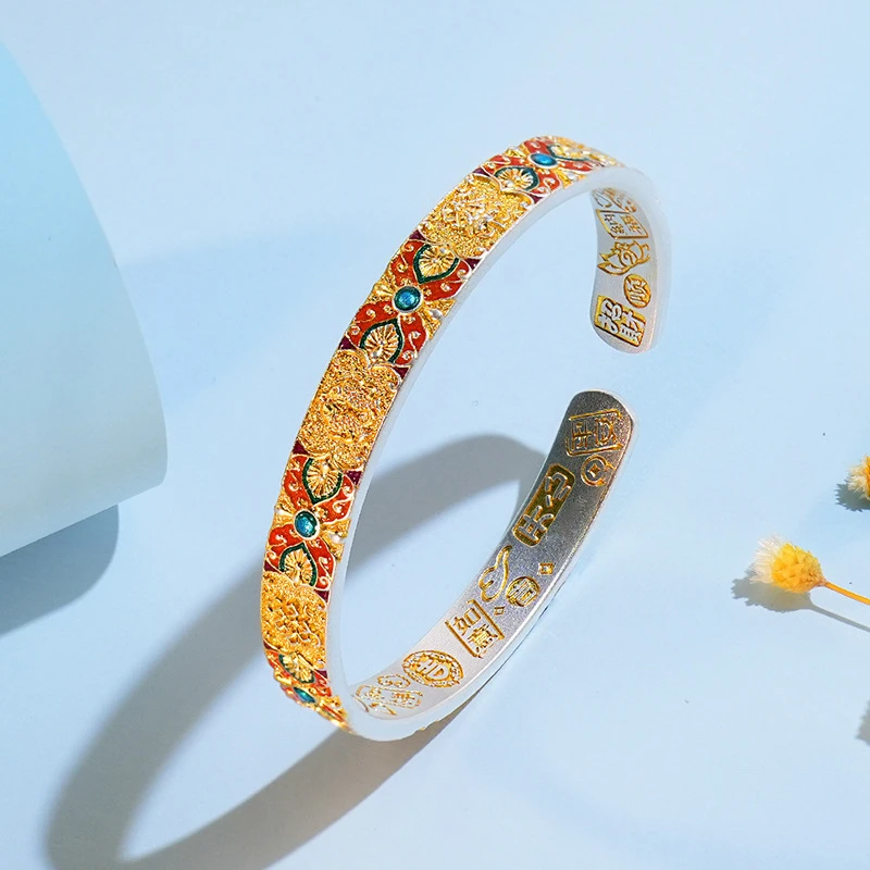 925银手镯 银美新中式八宝描金满彩吉言手镯宫廷国风时尚开口实心