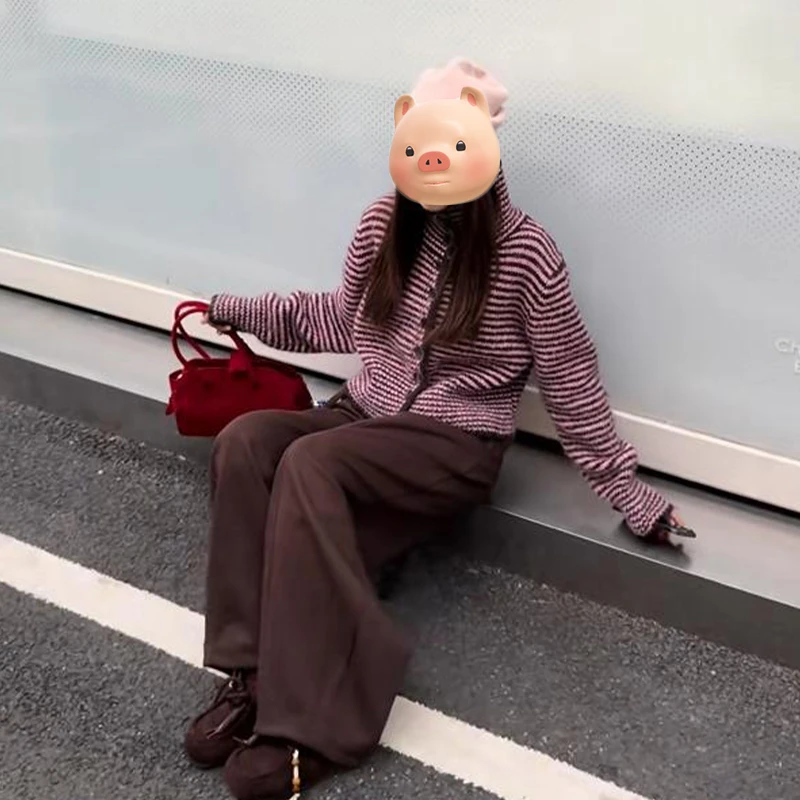 韩系早秋穿搭撞色条纹立领毛衣开衫外套女秋冬慵懒风针织外套上衣