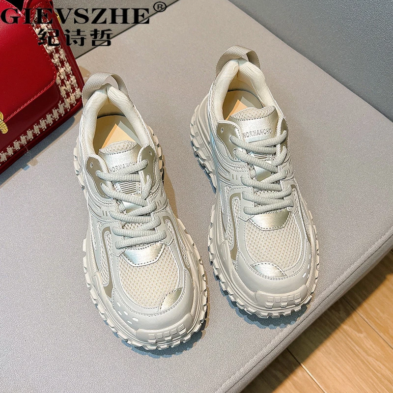 纪诗哲街舞风系带真皮网面透气老爹鞋女秋季新款时尚休闲运动鞋