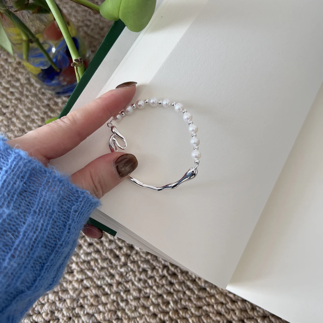 925银手链 阿腾莎银饰  半珠链手镯  小众百搭时尚个性手链