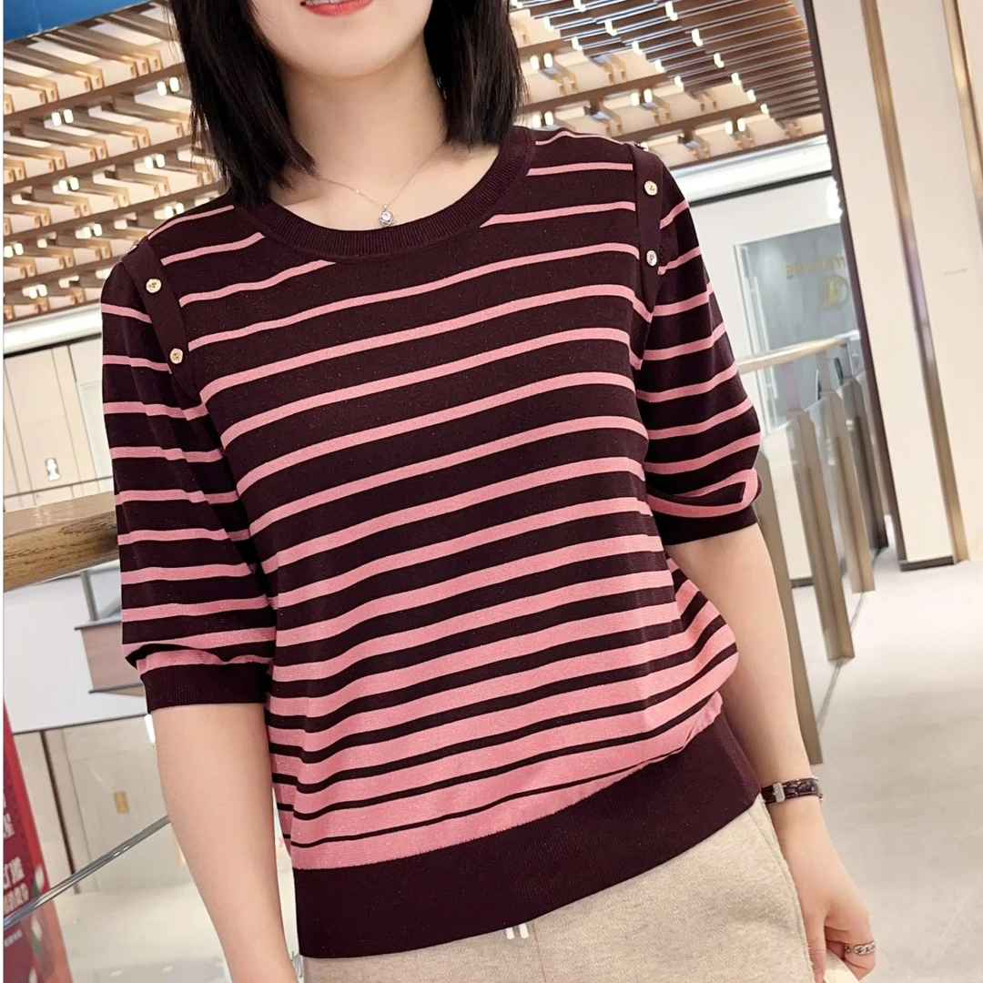 100%莱赛尔纤维（天丝）优雅时尚宽松洋气休闲气质五分袖女士针织衫