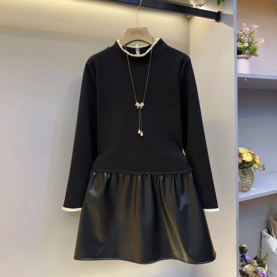 秋冬季新款时尚拼皮显瘦气质长袖宽松纯色百搭中长款连衣裙子