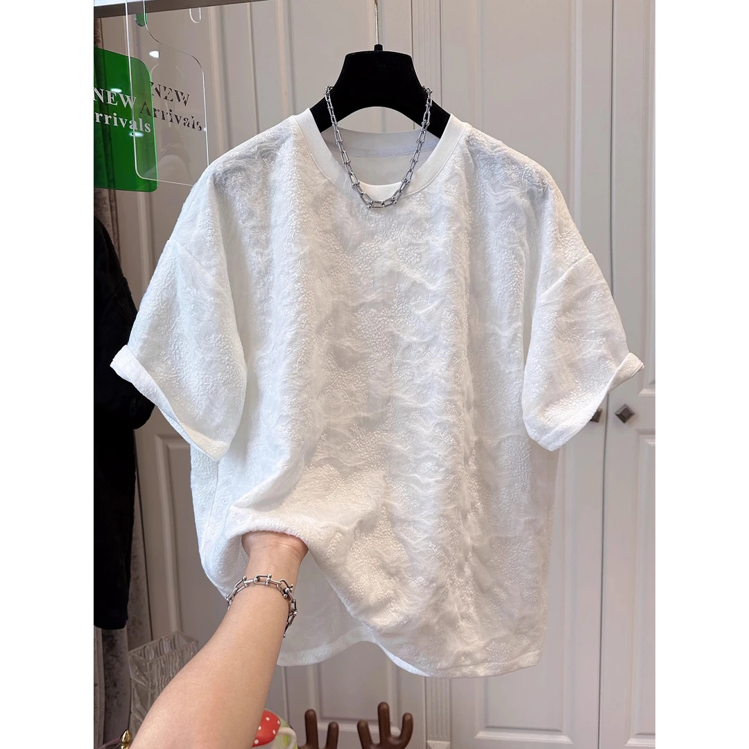 胖妹妹大码240斤今年流行立体肌理感宽松短袖T恤女上衣2025夏新款