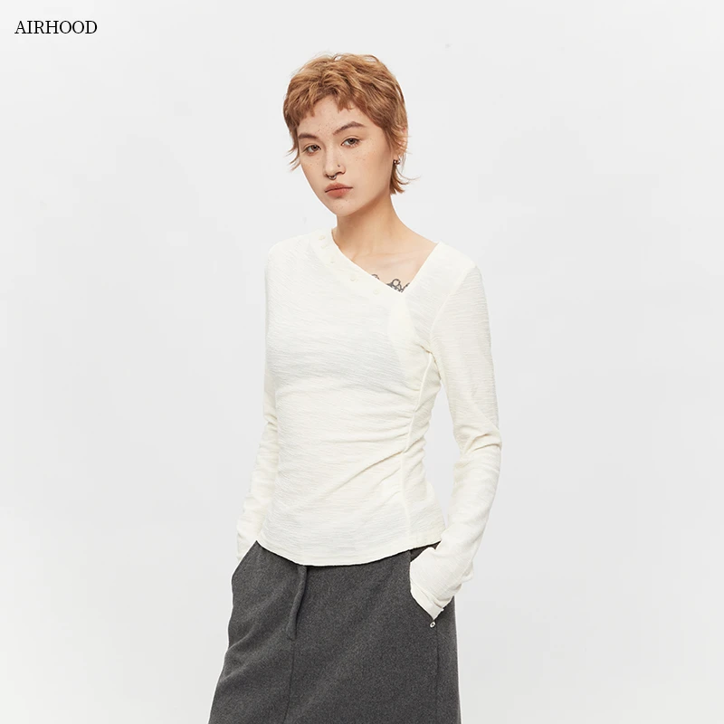 AIRHOOD 时尚斜领收腰褶皱设计修身显瘦纯色辣妹T恤上衣女N5333