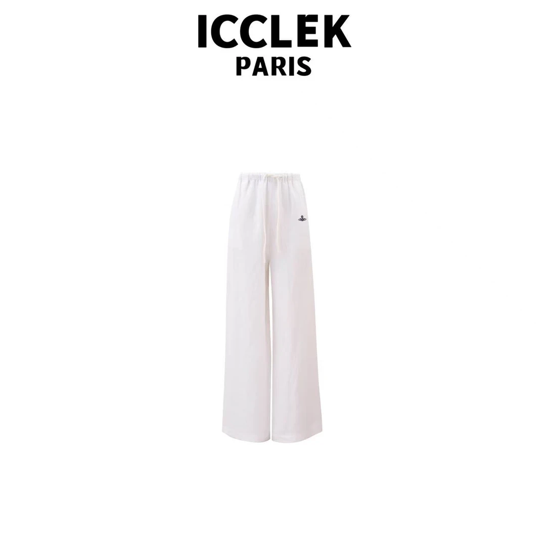 ICCLEK 纯色松紧腰刺绣裤子经典休闲宽松百搭通勤显瘦阔腿裤-5458