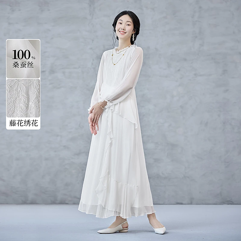 生活在左层次感桑蚕丝绣花宽松飘逸复古2025春季新品花仙子裙子