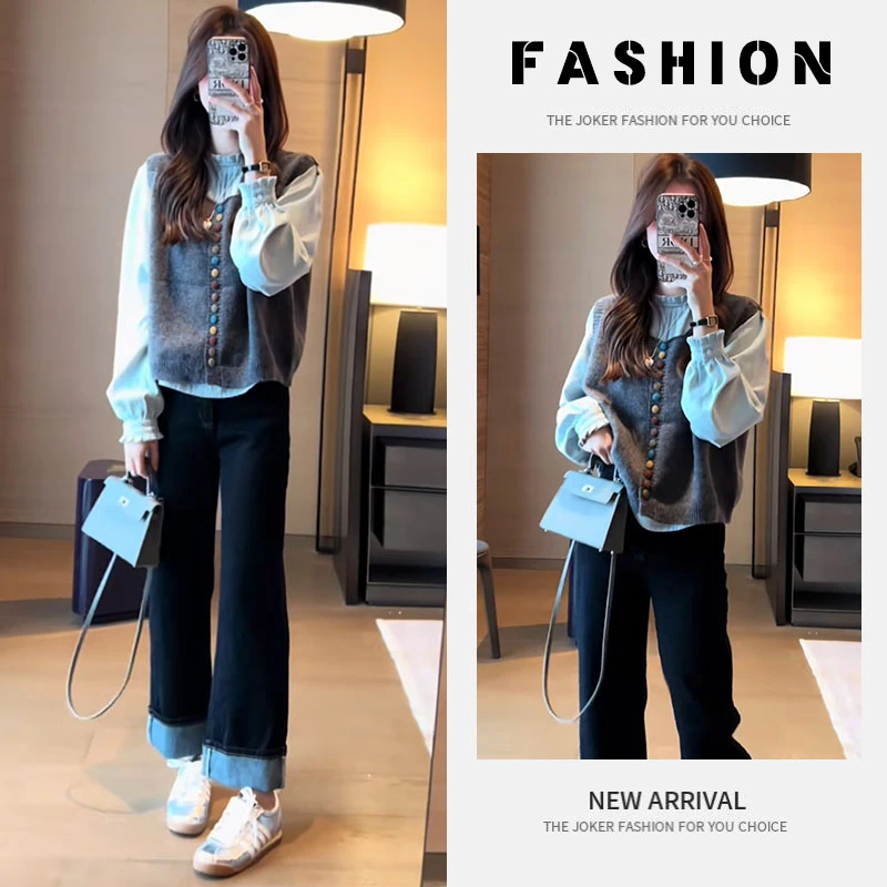 早春一整套女装2025秋季新款百搭衬衫上衣针织马甲阔腿裤三件套潮