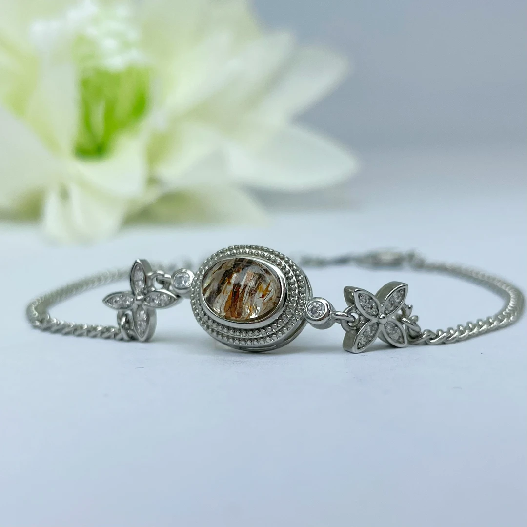 【糖宝珠宝】黑金超七椭圆蛋面四瓣花手链银链