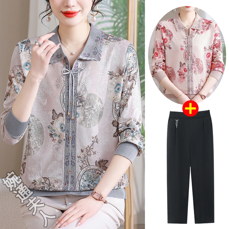 中老年人女春秋长袖T恤时尚妈妈春装新款薄上衣宽松大码打底小衫