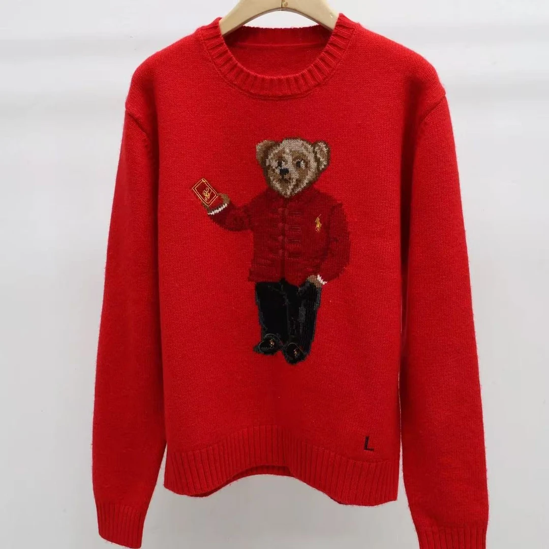 凯特丝蓓#1428圆领小熊宽松版手工提花针织套头