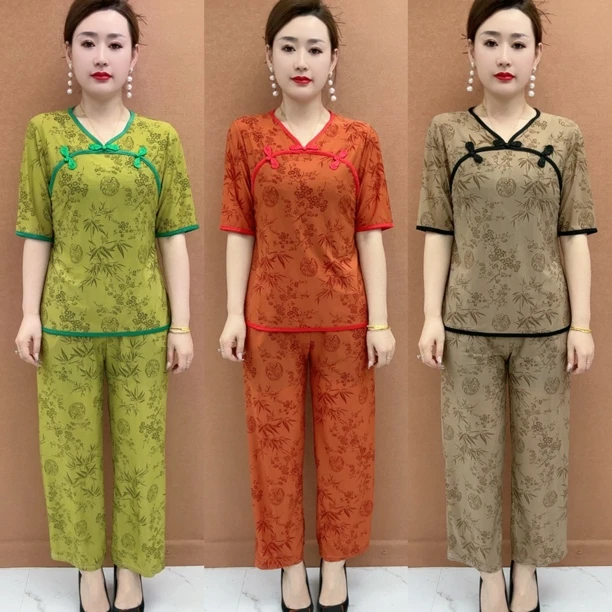 夏季V领套装网红复古民族风上衣+9分阔腿裤两件喜庆民族舞蹈服