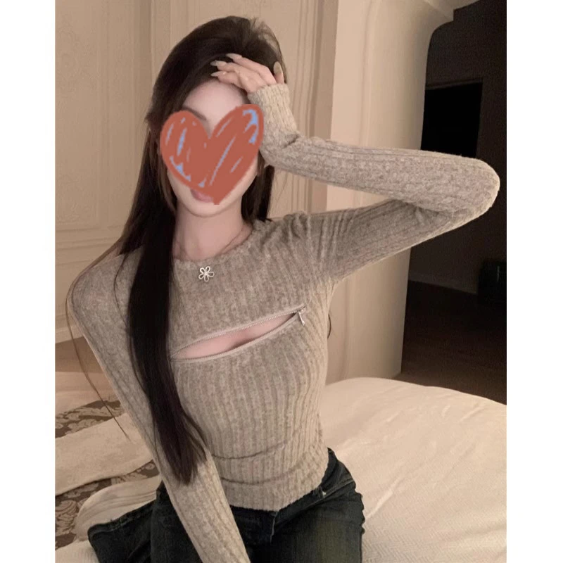 YIDENG韩系FuFu燕麦灰*少女性感柔软可拉拉链针织长袖打底衫