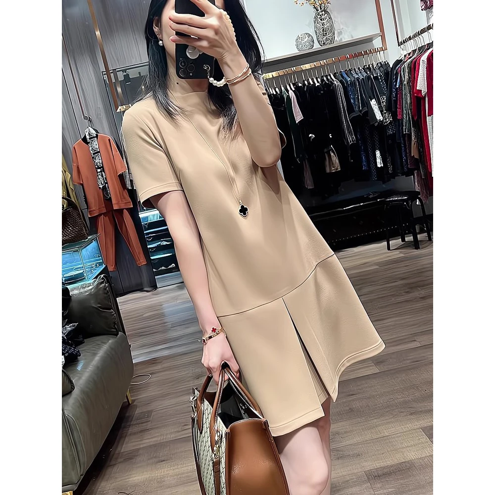 法式优雅连衣裙女夏季梨型身材宽松显瘦圆领纯色设计感直筒裙子潮