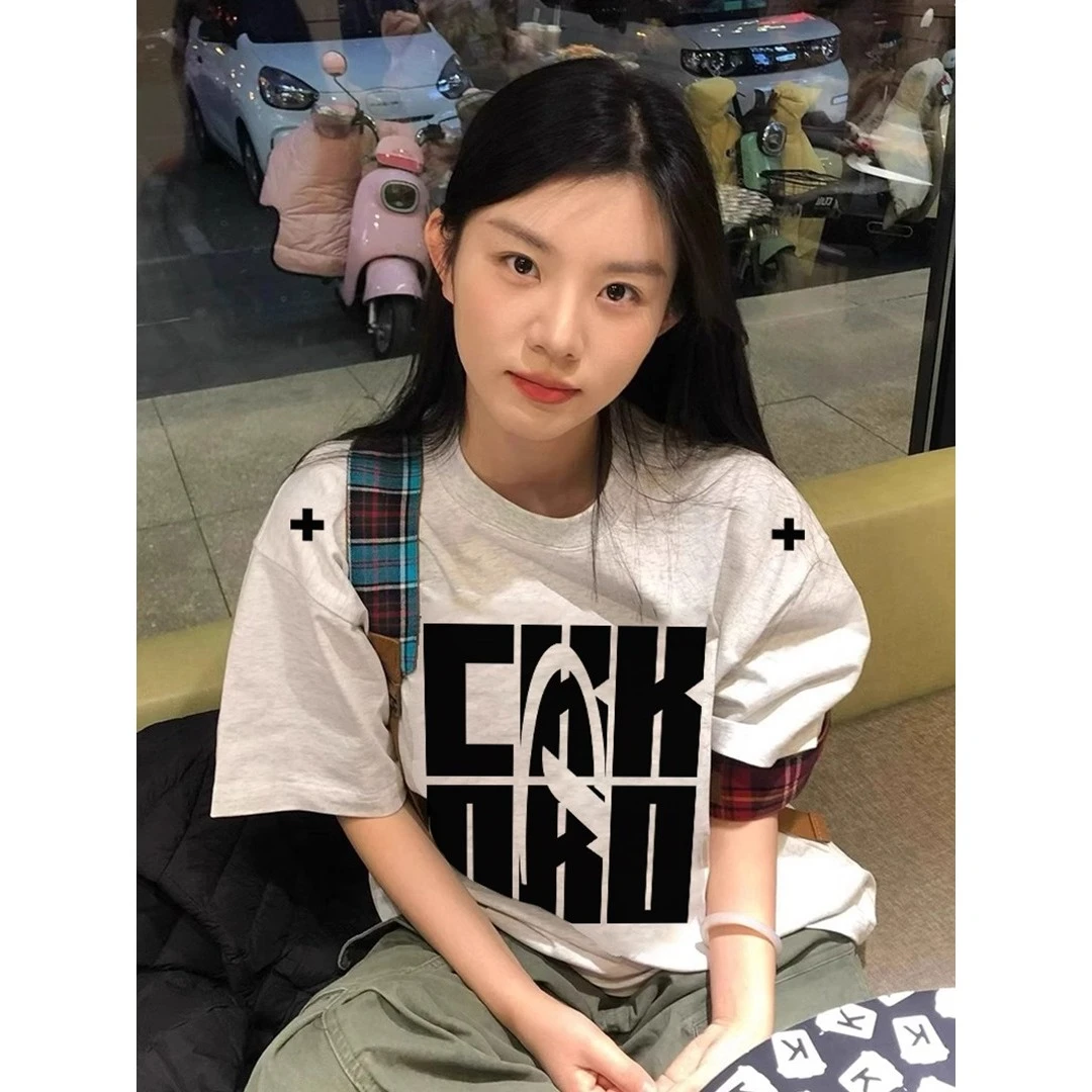 韩版休闲潮牌慵懒风短袖t恤女百搭宽松夏季新款穿搭小众印花上衣