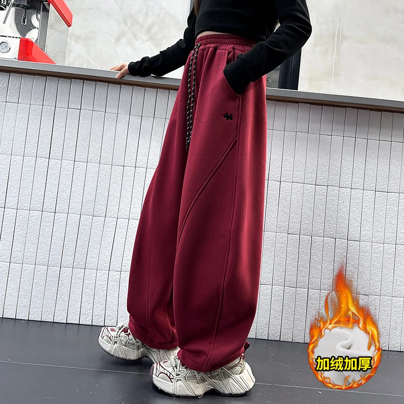 女童弯刀裤秋冬2025新款12-15岁炸街裤子冬季女大童加绒运动裤子