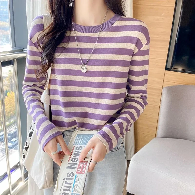 纯棉长袖T恤女春秋款条纹上衣女内搭洋气圆领宽松百搭休闲打底衫