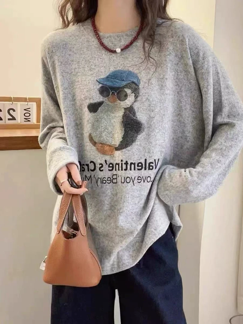 YD-[企鹅打底]韩单！磨毛卡通企鹅宽松长袖上衣女士T恤打底衫
