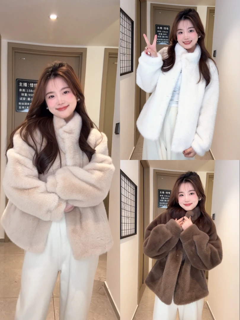 【惜惜家】AMYSURE 爱米修冬季加厚短款立领仿水貂毛毛外套#808