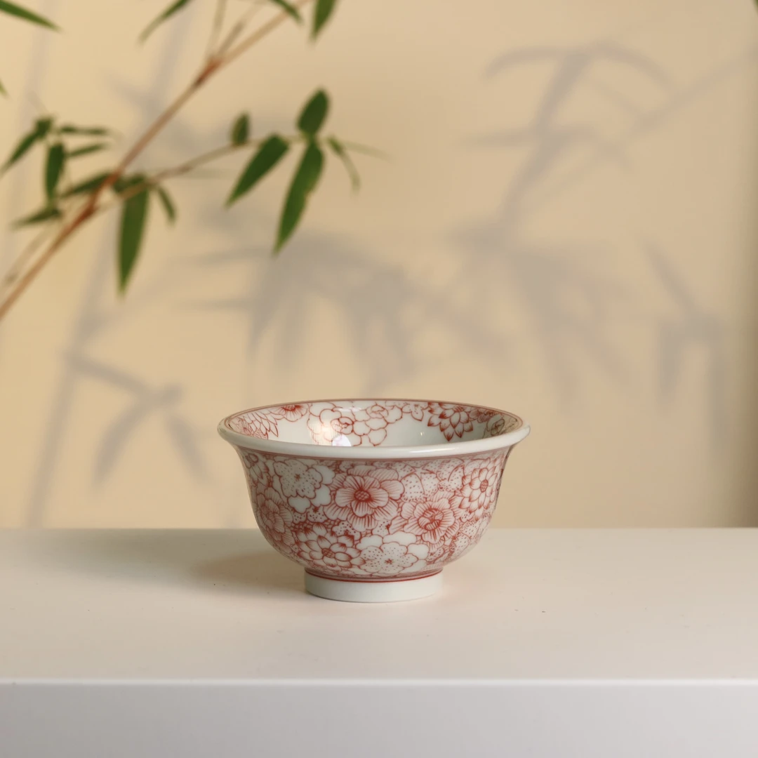 茗器山房 景德镇手绘釉下红万花小压手杯主人杯 60cc
