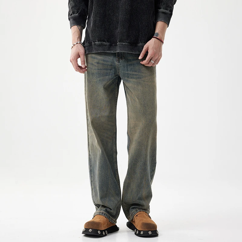 VIZIMI复古蓝牛仔裤男美式高街水洗做旧潮牌设计渐变直筒长裤1701