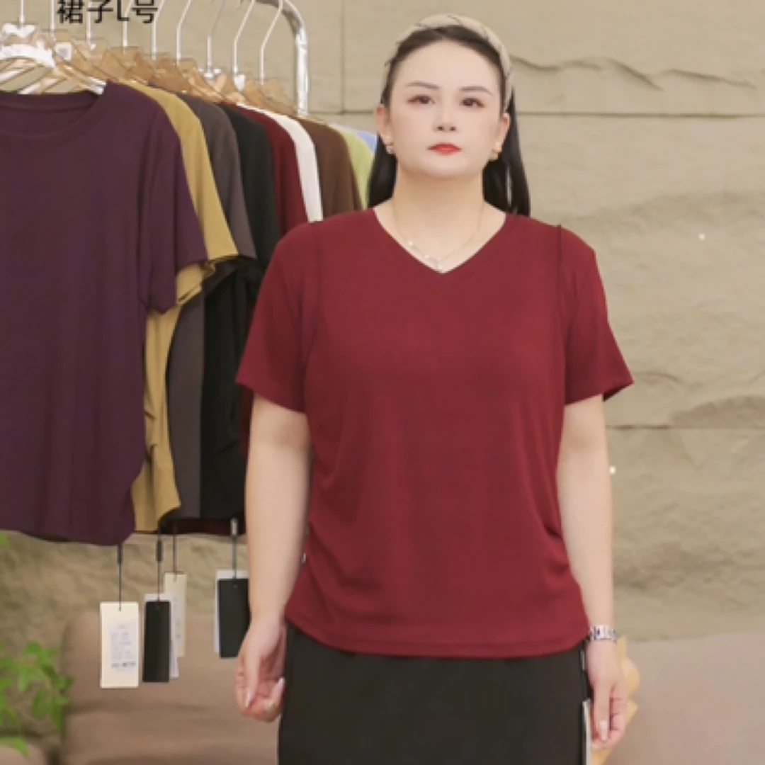 现货【V领.圆领】大气简约精梳棉双侧压褶大码微胖显瘦t恤女短袖