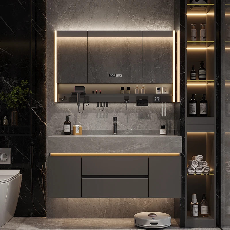 浴室柜组合岩板热弯一体盆多层实木卫生间洗漱台洗手K2