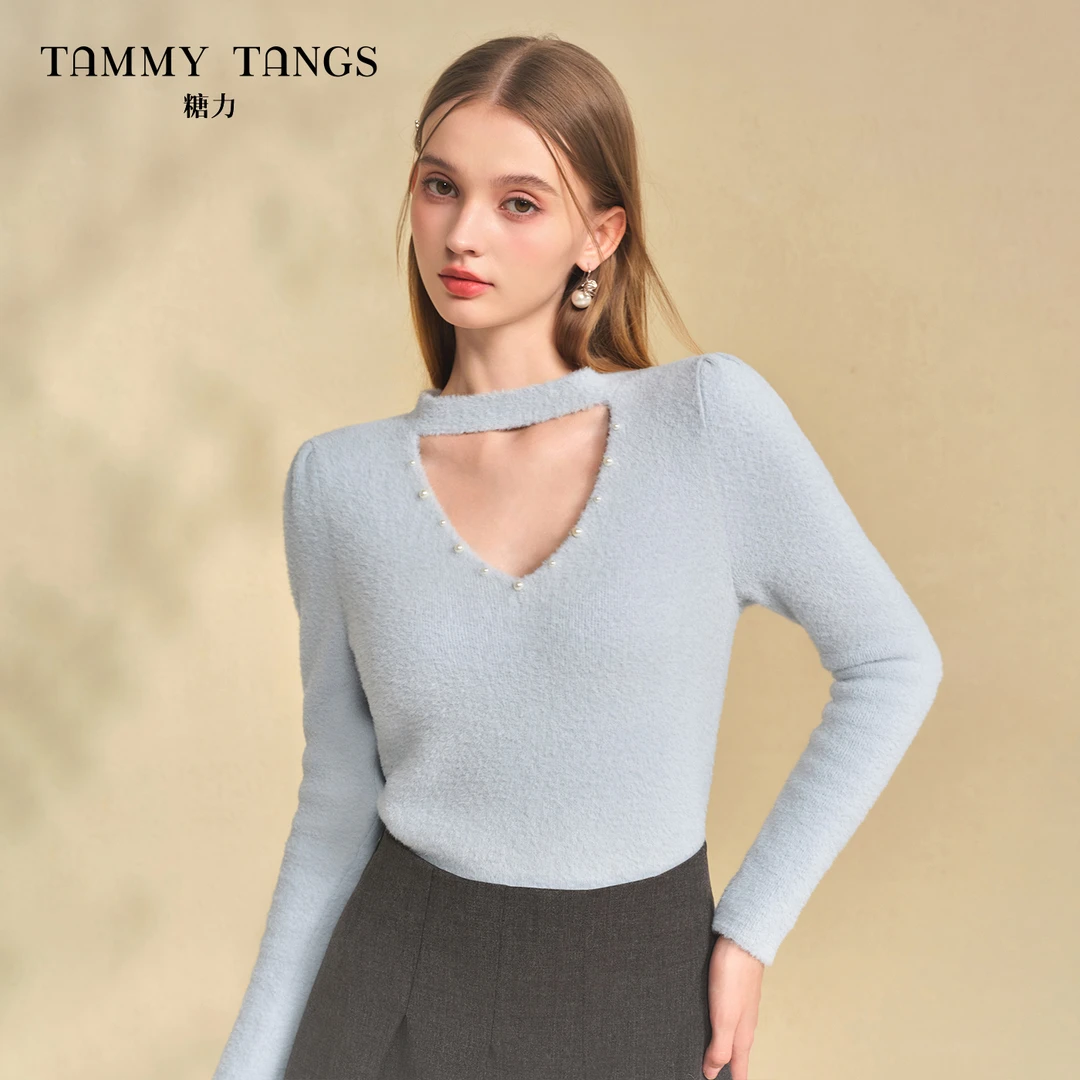 【官号专属】糖力秋冬季气质钉珠镂空仿水貂毛针织衫上衣女套头