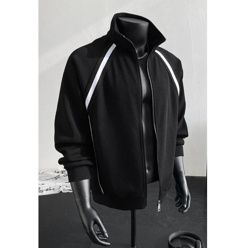 美式翻领开衫夹克男春季潮流高街织带拼接宽松复古运动风上衣外套